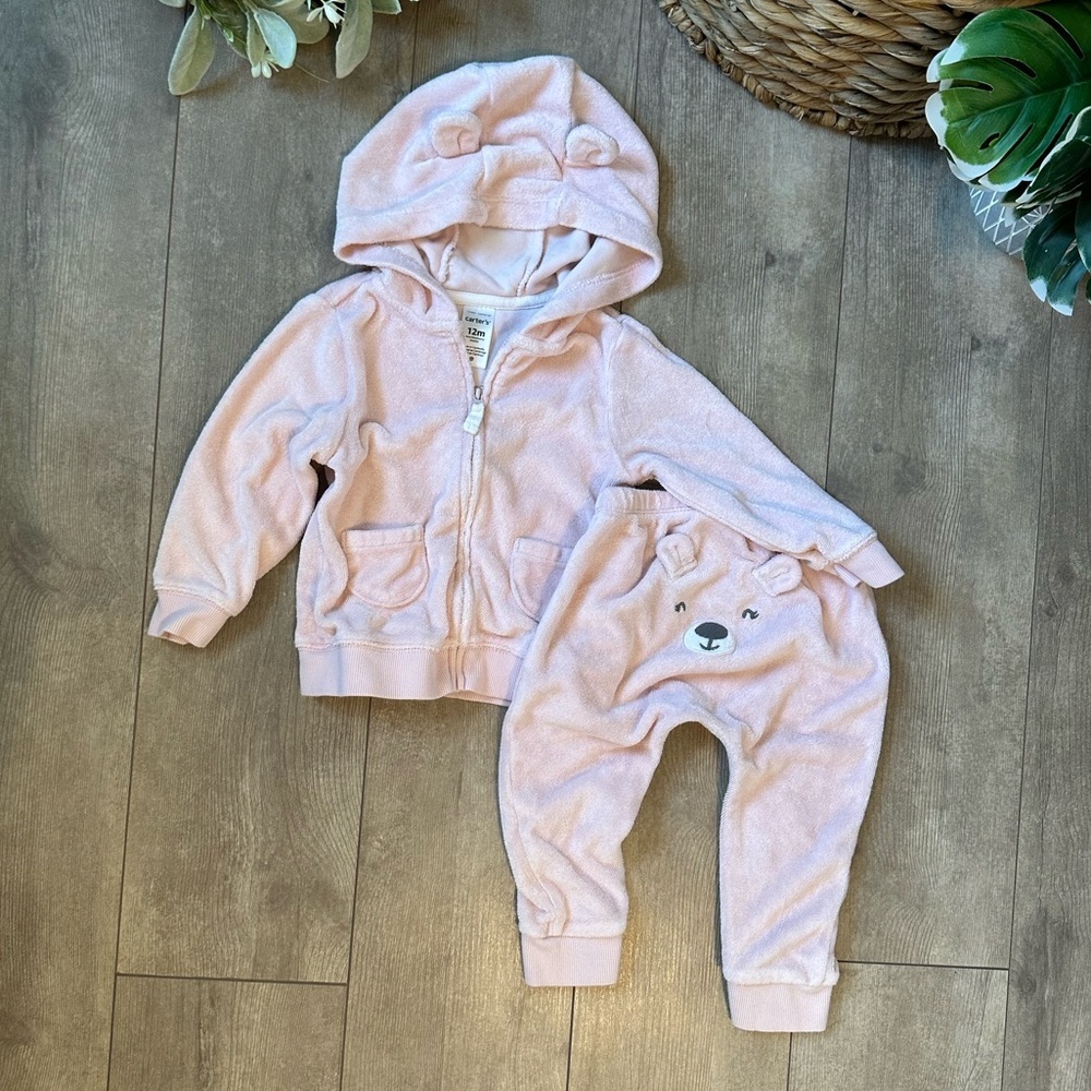 Carter’s Baby Girl Terry Cloth Zip Hoodie & Joggers Set Size 12 Months Pink Bear